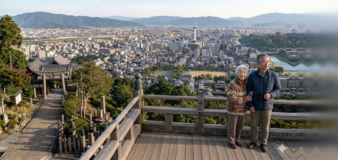 京都の町並みと家族